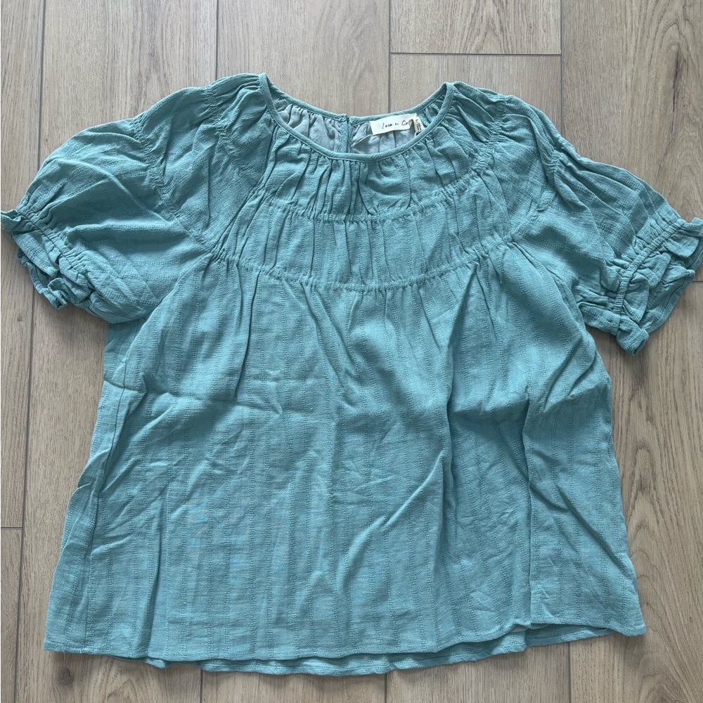 Green Puff Sleeve Smocked Blouse with Bib Collar